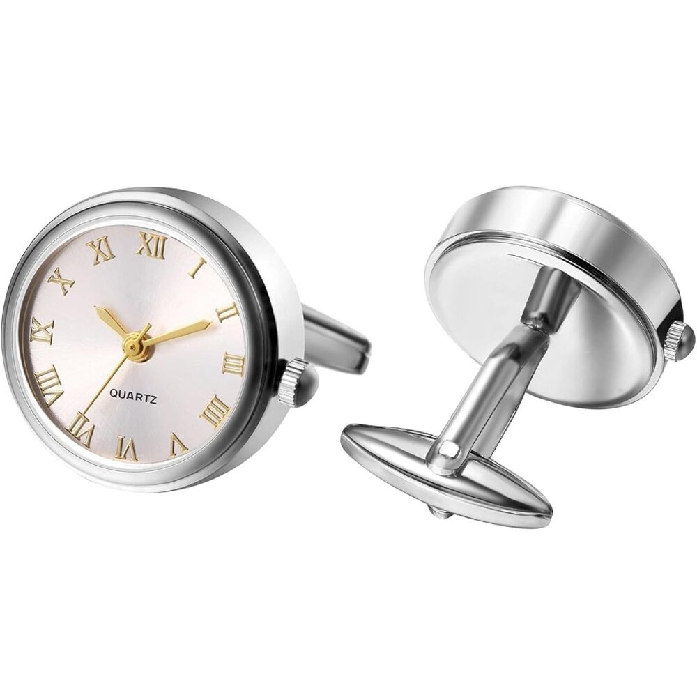 Quartz Watch Round Roman Numeral Clip Stainless Steel Cufflinks